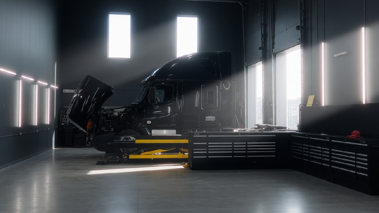 Clean heavy duty truck repair shop with a black semi truck being serviced